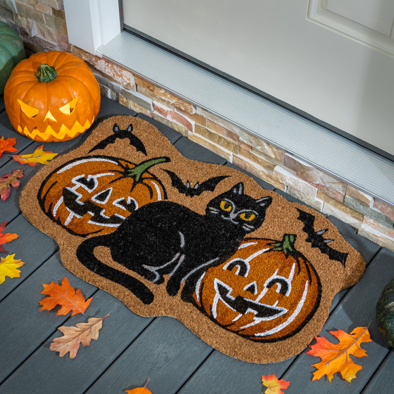 Tapis en forme de fibre de coco en forme de chat noir et de citrouilles