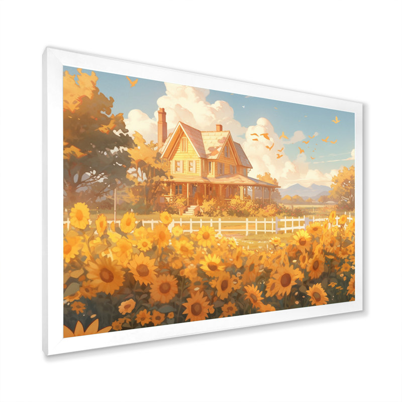 Tournesol doré à la ferme I - reproduction sur toile, H 12 po x l 20 po x P 1 po, Cadre photo blanc