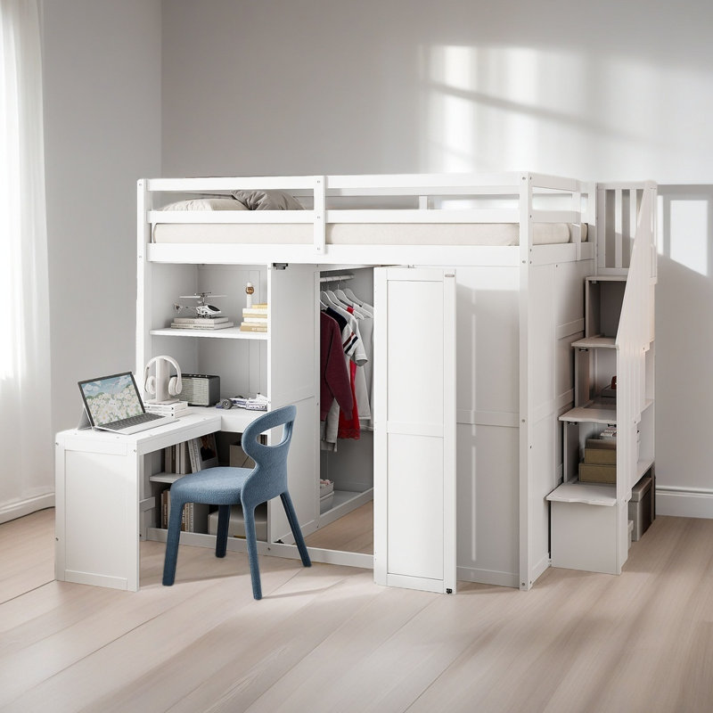 Lit superposé double avec garde-robe, bureau et tablettes, Blanc