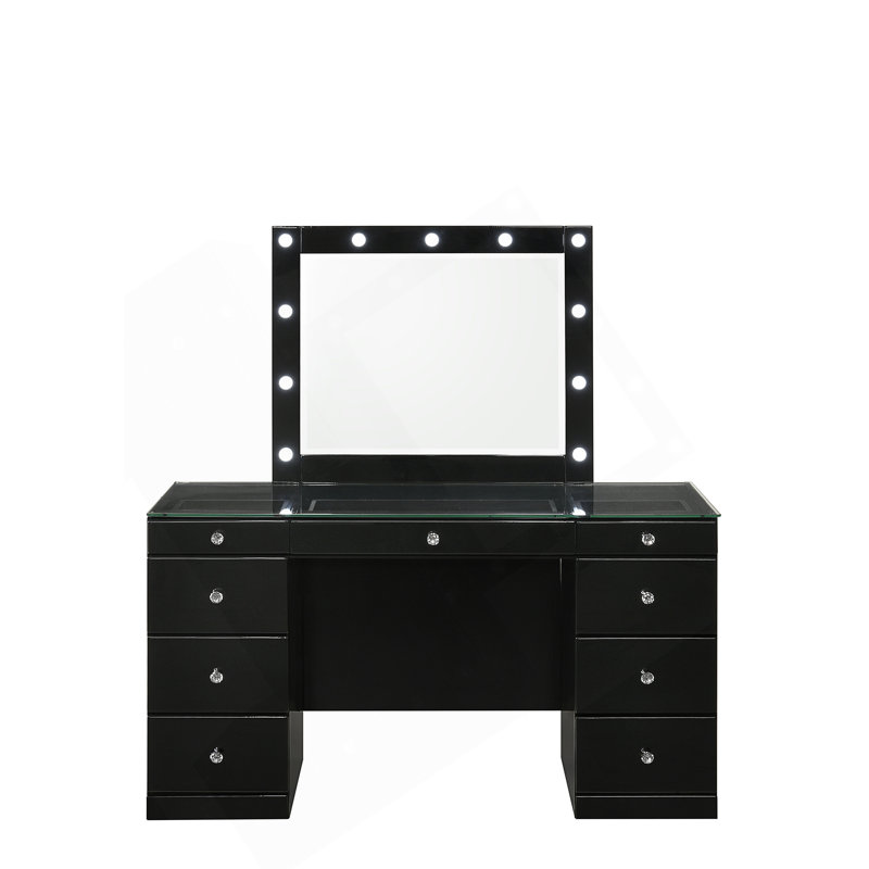 Ensemble de coiffeuse 2 pièces avec miroir lumineux à DEL, plateau en verre, 9 tiroirs, boutons en cristal pour un mobilier de chambre élégant