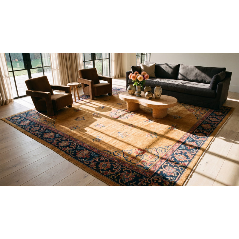 Antique Yellow Gold Color Floral Room Size Chinese Art Deco Carpet