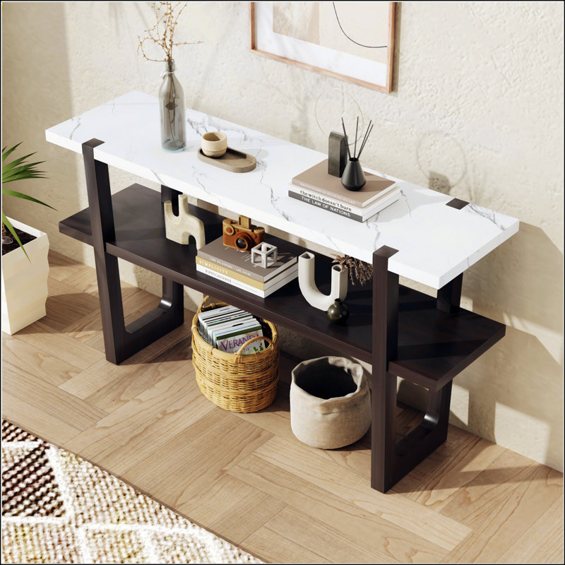 Espresso Wood Console Table with Marble-Effect Top and Storage Shelf