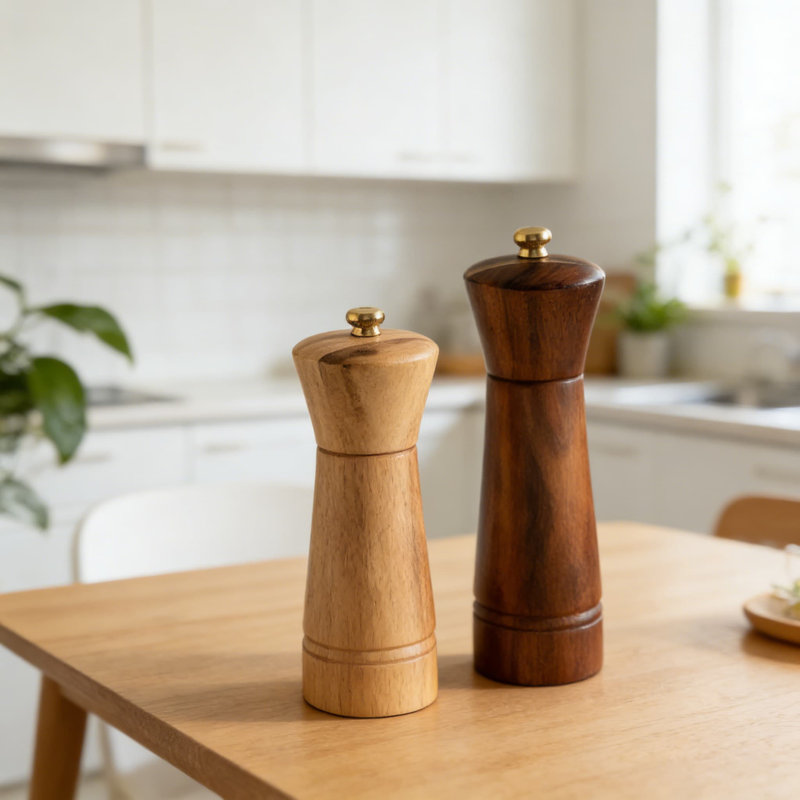 Acacia Wood Salt And Pepper Grinder Set With Tray - Adjustable Ceramic And Stainless Steel Mills For Freshly Ground Spices