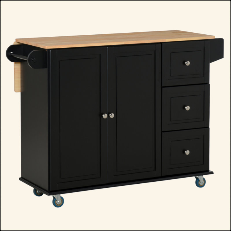 Mobile Kitchen Island With Drop Leaf, Storage Trolley Cart On Wheels, Towel/Spice Rack, 3 Drawers, 2-Door Cabinet, Black