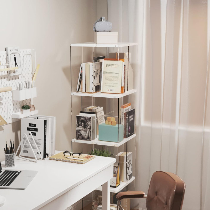 Bibliothèque pivotante à 360 degrés avec tablettes en acrylique, bibliothèque rotative autoportante à 4 niveaux pour le bureau à domicile et le rangement du salon