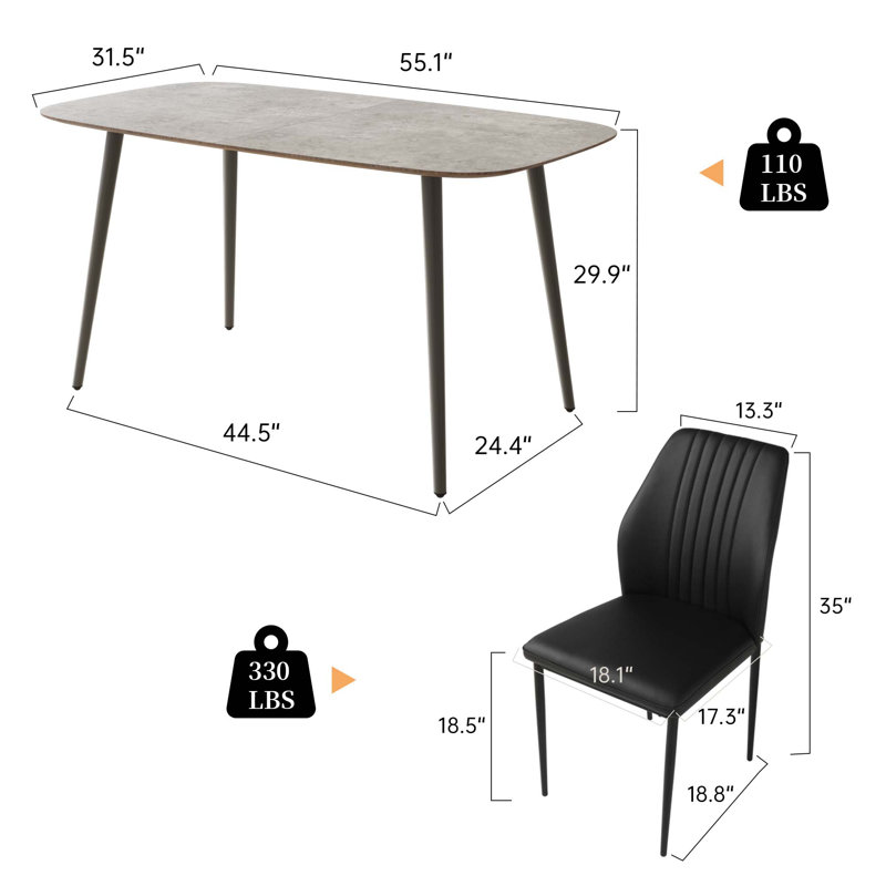 55.1'' Rectangular Dining Table Set, Modern Kitchen Table, Steel Legs (1 Table 4 Chairs), Gray, Black
