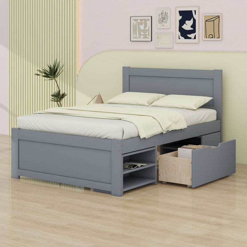 Lit plateforme avec tiroir et tablettes, gris