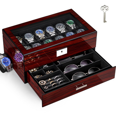 Boîte à montre Boîtes de rangement avec grand couvercle en verre 2 niveaux