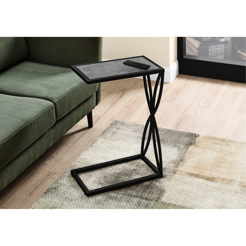 Table d'appoint avec base, plateau en stratifié gris et structure en métal noir, surface rectangulaire pour salon