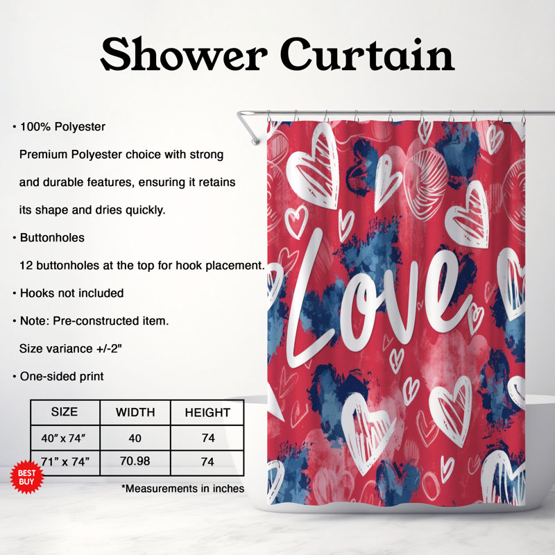 Rideau de douche 1 pièce Love Love, H 74 po x l 71 po
