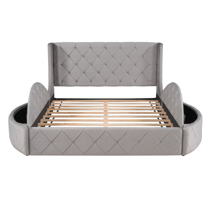 Upholstered Platform Bed Storage Velvet Bed with Wingback Headboard and 1 Big Drawer,2 Side Storage Stool, Gray
