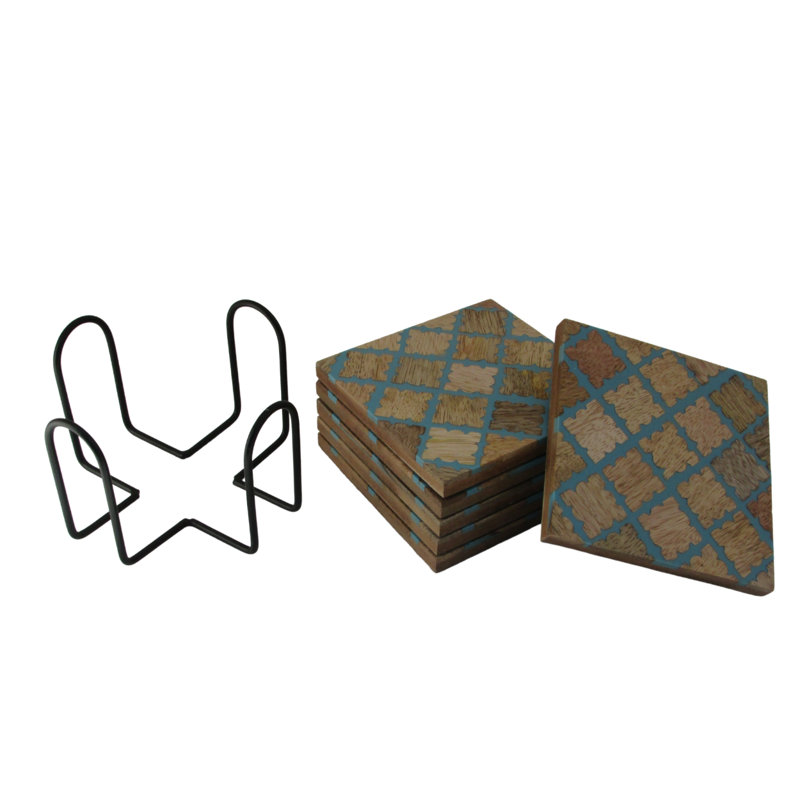 Wood 6 Piece Coaster Set With Holder, Geometric, Blue