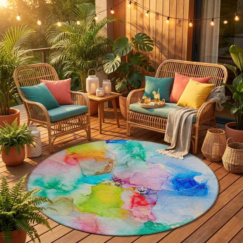 Tapis extérieur rond lavable abstrait 8 pi x 8 pi bleu et rose