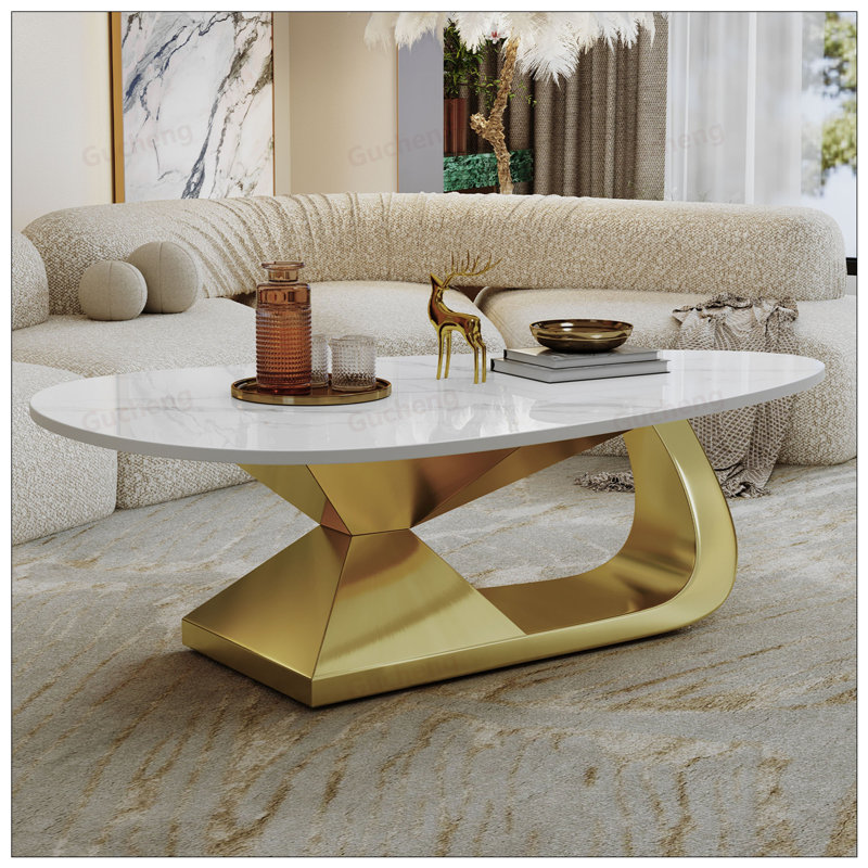 Table basse moderne en pierre frittée avec base en acier inoxydable - Centre de table de salon élégant, Doré