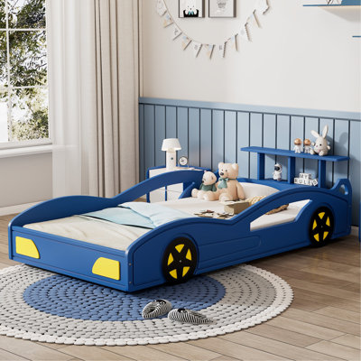 Wooden Race Car Bed,Car-Shaped Platform Twin Bed with Wheels For Teens,Blue & Yellow