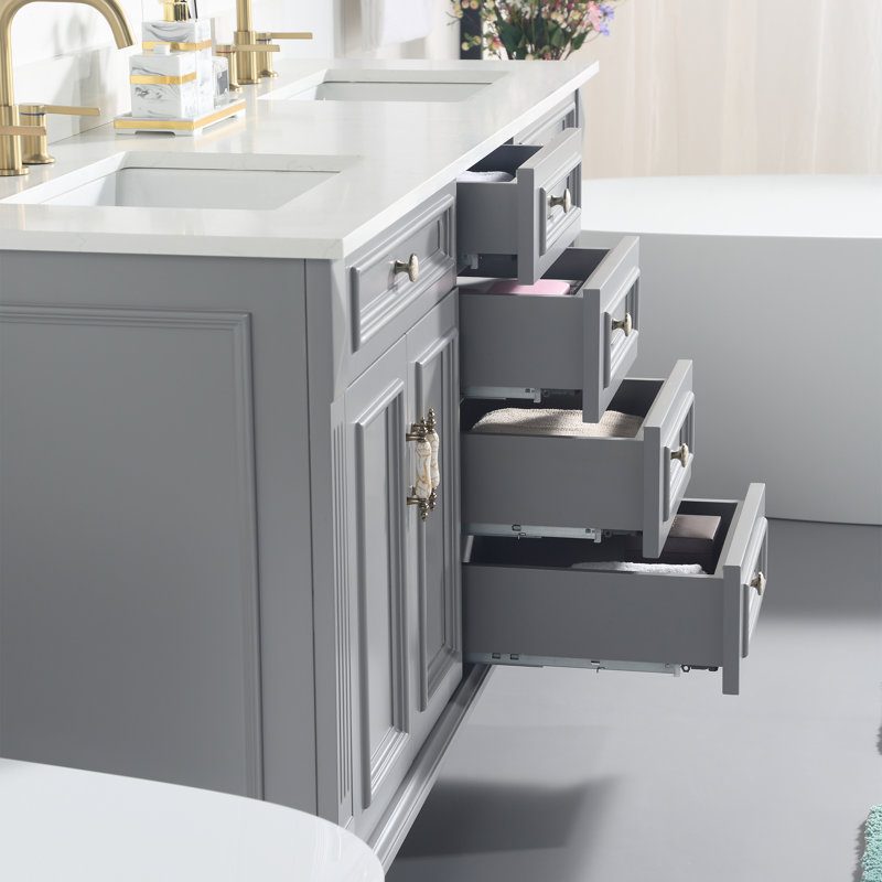 Meuble-lavabo sur pied en bois massif, 183 cm (L) x 89 cm (H), avec comptoir en quartz blanc de Carrare et double lavabo, gris titane