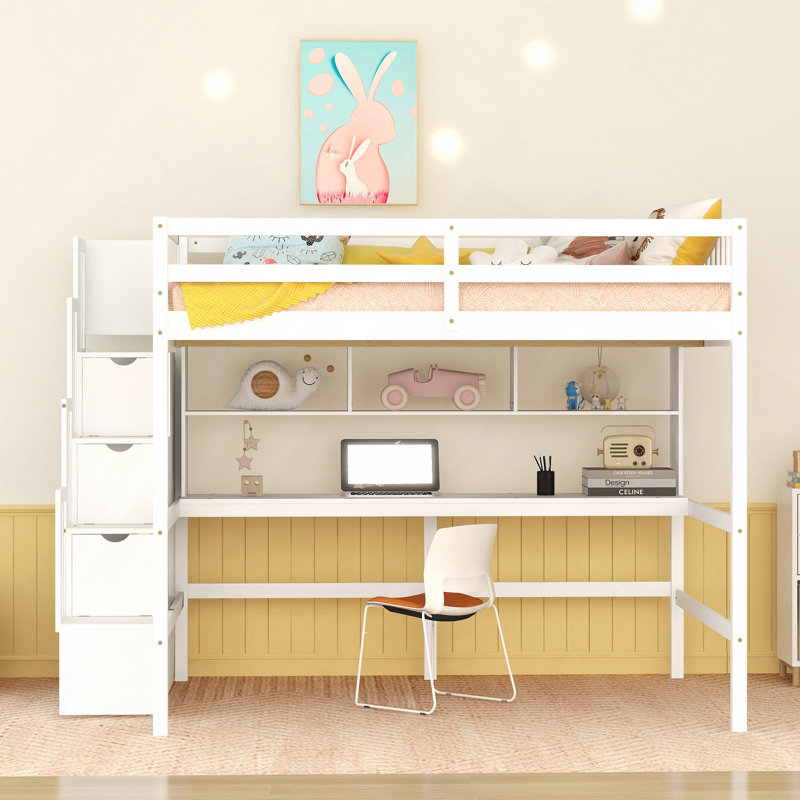 Lit mezzanine double avec bureau intégré, tablettes et escalier de rangement