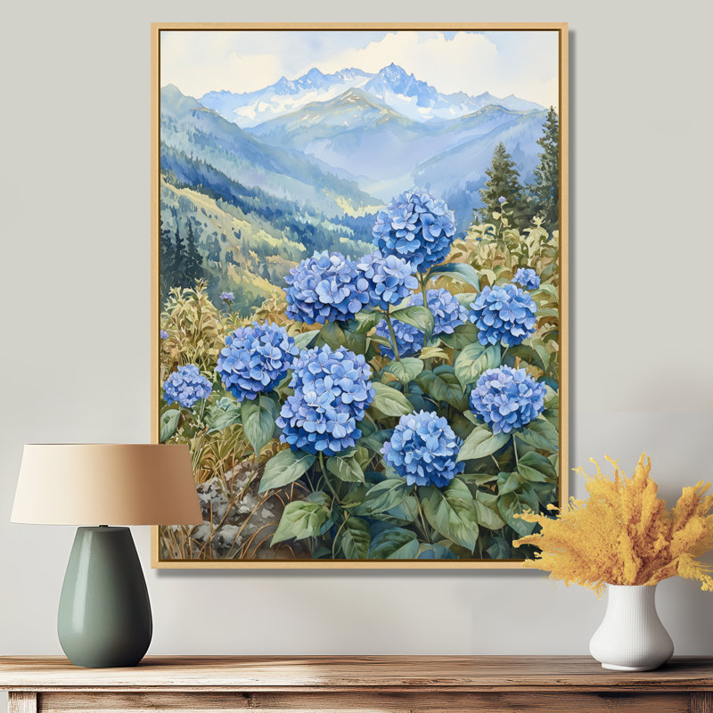 Hortensias dans la prairie de montagne III - hydrangées, art mural, Impression encadrée flottante, H 32 po x l 16 po