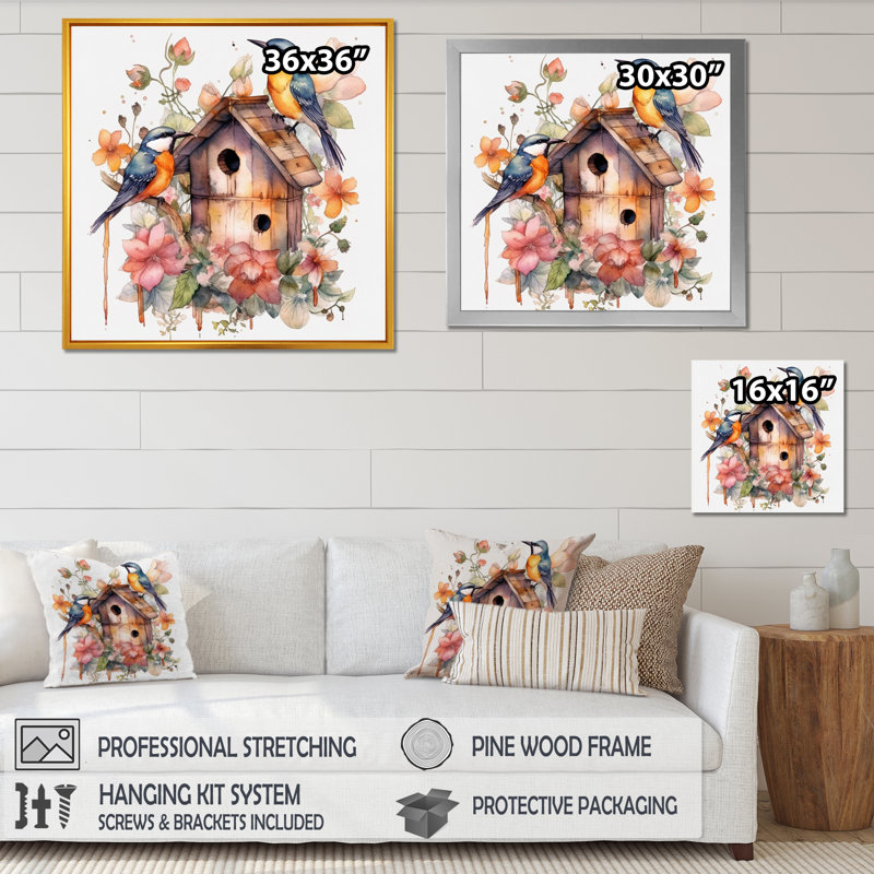 «Birds On A Birdhouse», reproduction sur toile, H 36 po x l 36 po, Cadre flottant brun