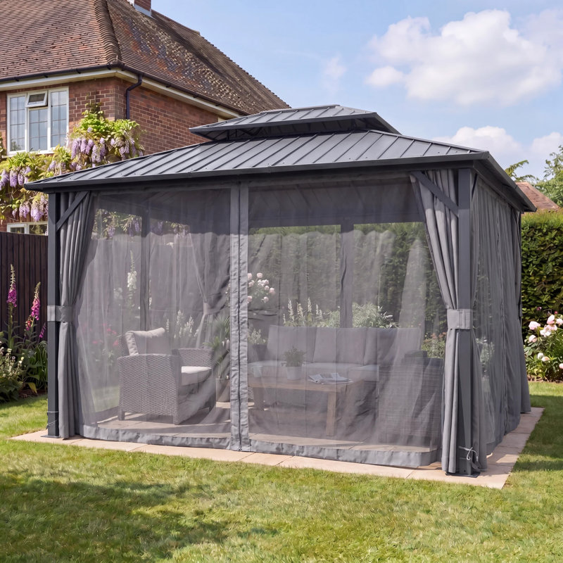 GRDN living Haven 3.6m x 3m Hardtop Gazebo with Double Metal Roof in Anthracite Grey with Curtains