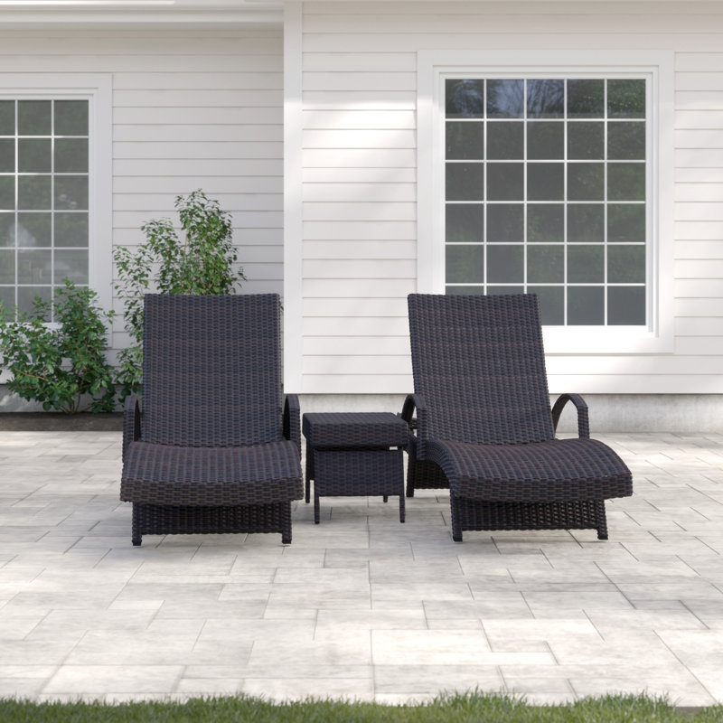 Billur Outdoor Chaise Lounge Set with Table, Dark Brown