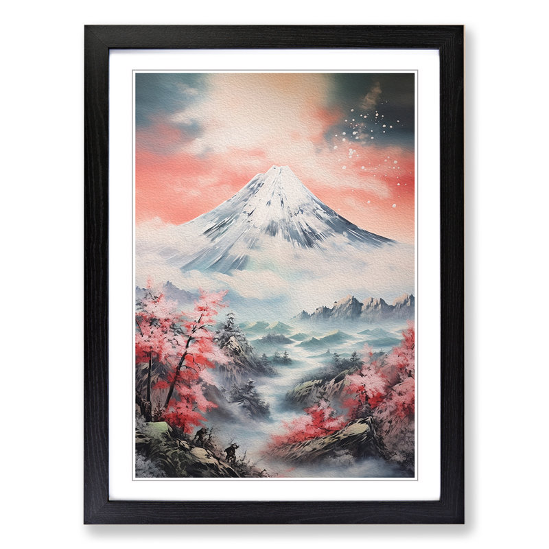 Japanese Mountains Action Painting - Framed Print, 46cm H x 34cm W x 2cm D, Black Framed