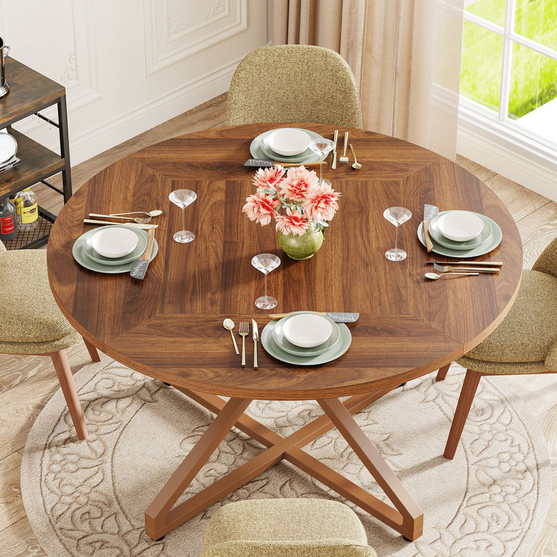 Brown Round Wood Dining Table with Metal Pedestal Base