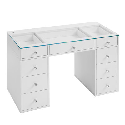 Impressions Vanity Slaystation Kids Vanity Table With Integrated LED Strip Light Tabletop, Faux Crystal Luxe Knobs 7 Storage Drawer Units, Edge To Edg by Latitude Run