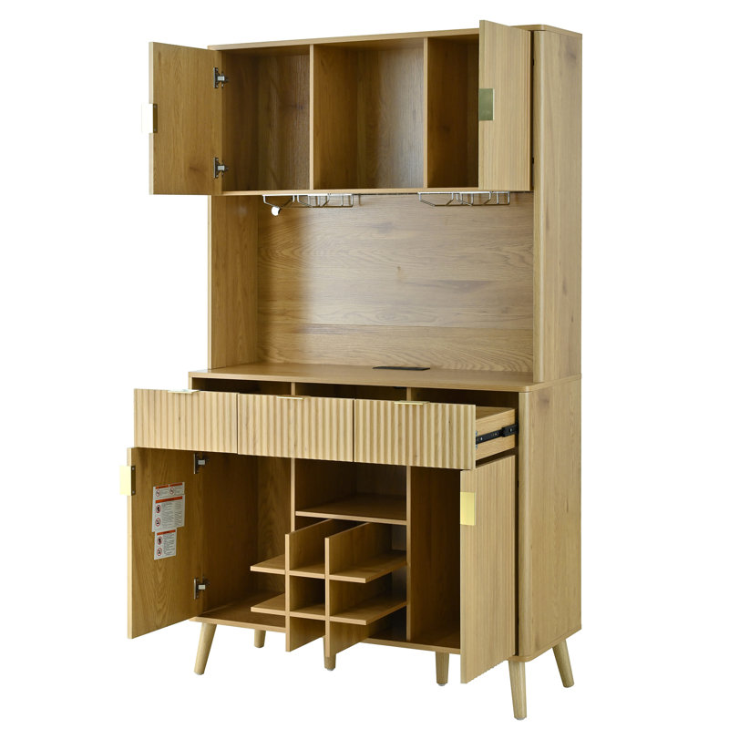 Meuble-bar de cuisine de 183 cm avec éclairage DEL, prise électrique et casier à vin à 9 bouteilles, Natural