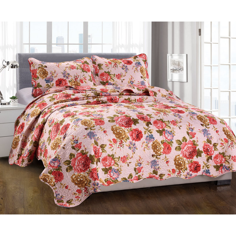 Polyester Floral Quilt, Queen Quilt + 2 Shams