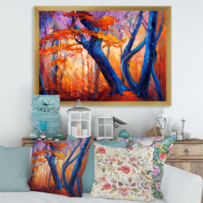 «Blue Silhouettes of Trees in Orange Autumn Forest», peinture sur toile