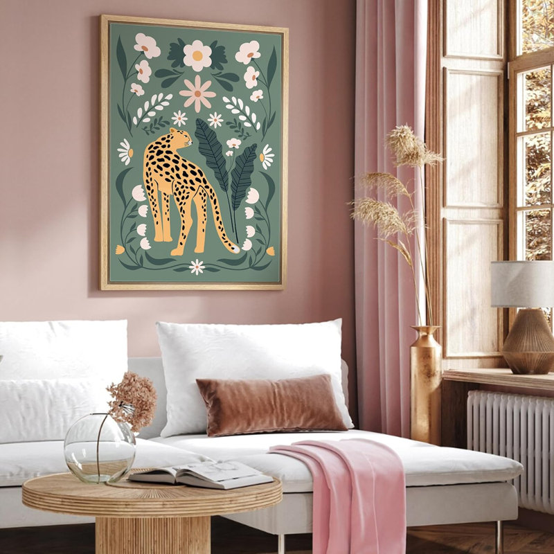 Bright Preppy Animals Botanical Floral Print Cheetah Cat Print Bedroom Animals Modern Boho Style Preppy, 36" H x 24" W