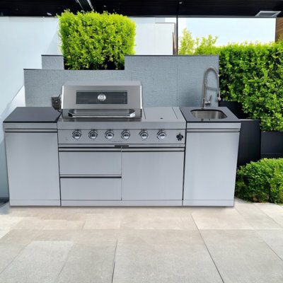 Daheat Deluxe 4-Burner Propane Gas Grill Island 46 in. Stainless Steel with Rotisserie, Granite Countertops, Storage cabinet, Sink, Silver