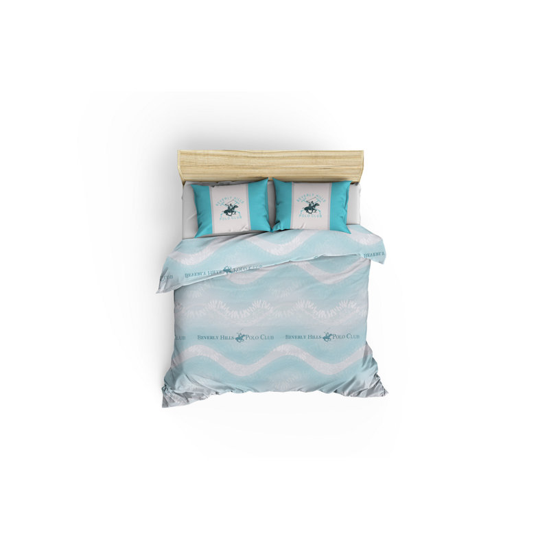 Ensemble de housse de couette en coton turquoise / blanc, Housse de couette très grand + 2 taies d'oreiller