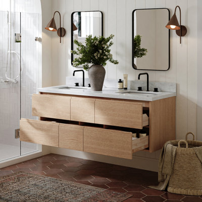   Setsuko 61 Inch Wall-Mounted Double Rectangle Sink Bathroom Vanity with Carrara White Marble Countertop 1.5 Inch in Natural Oak