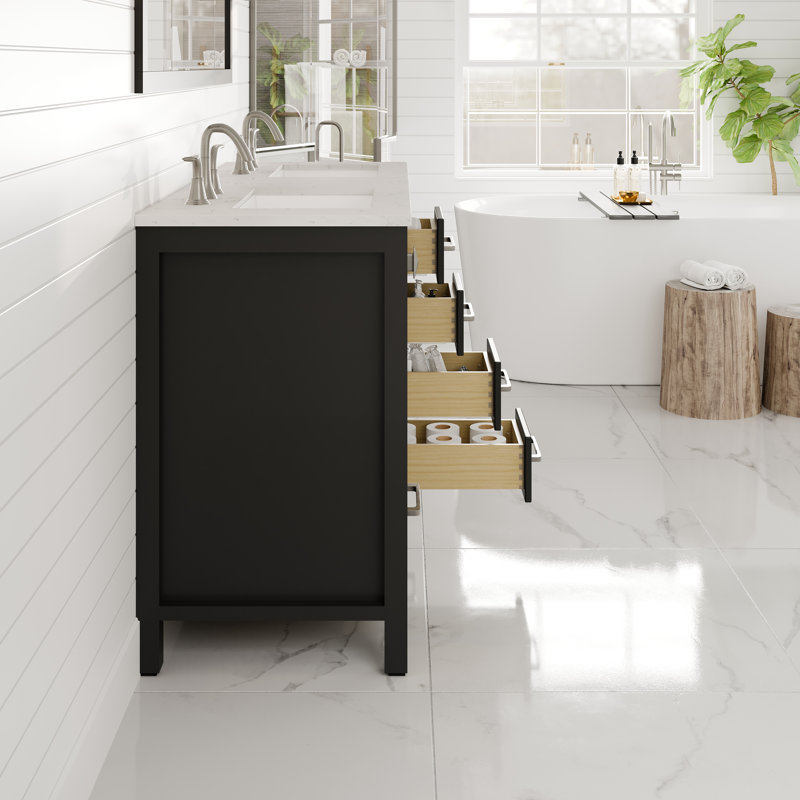 Espresso Solid Wood Double Sink Bathroom Vanity with Carrara Quartz Top