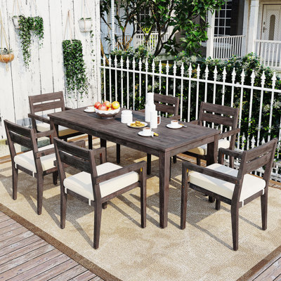 7 Pieces Outdoor Dining Set, Wood Table With 6 Chairs For Lawn, Backyard, Garden Deck, Poolside