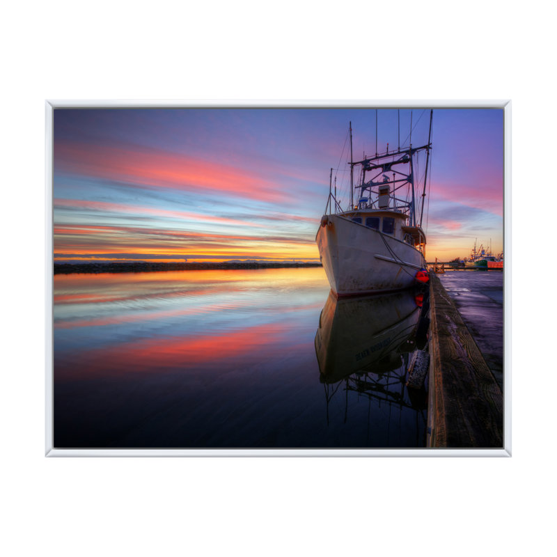 " Boat Docked At Shipyard Harbor ", 24" H x 36" W x 1" D, White Floater Framed Canvas