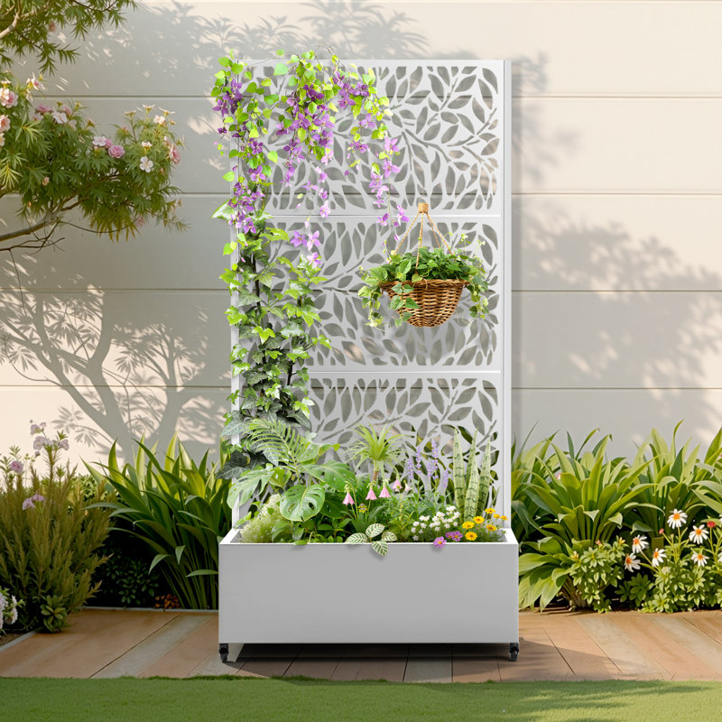 Lit de jardin surélevé avec treillis sur roulettes - Boîte à fleurs polyvalente en métal avec treillis, boîtes à fleurs multi-styles avec écran d'intimité en treillis pour patio et jardin