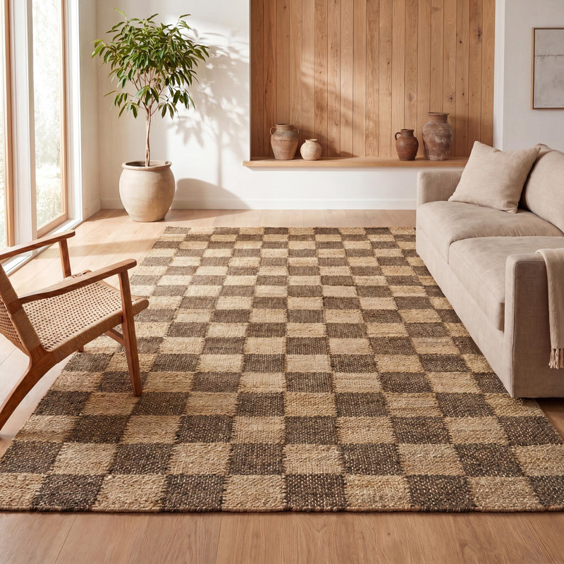 Nigel Modern Farmhouse Woven Jute Checkerboard Natural/Brown Rug, Rectangle 5' x 8'