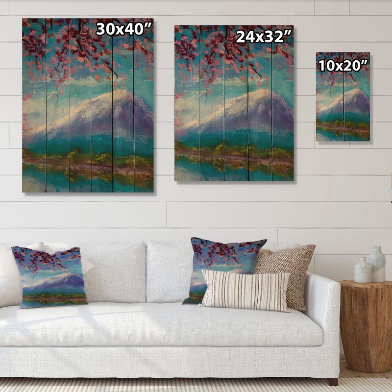 Fleurs de sakura rose sur un lac de montagne Fleurs de sakura rose sur un lac de montagne - Peinture sur