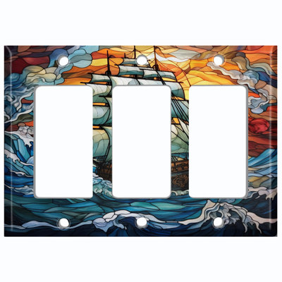 Metal Light Switch Plate Cover; US Standard Size 3 Gang GFI Rocker - Printed Image of Stained Glass Ship at Sea