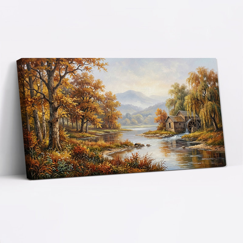 Impression sur toile en bois moulin à eau sur rivière avec feuillage doré, 32“W x 16”H