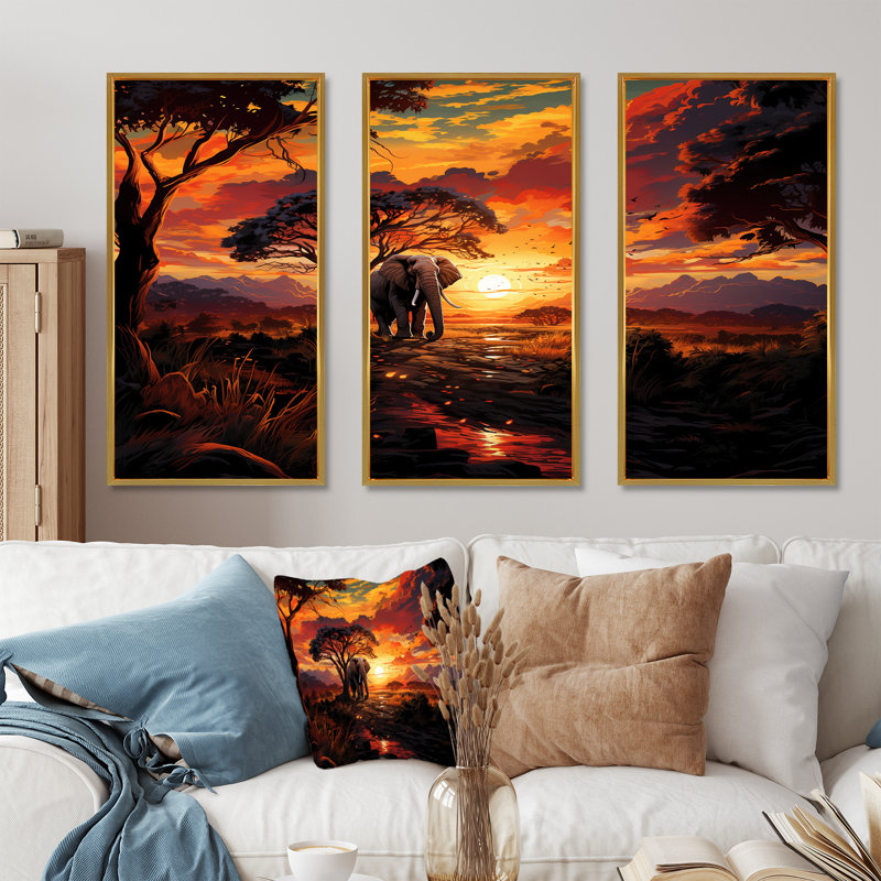 «African Sunset Jungle With Elephant», art mural abstrait, Cadre flottant doré, H 28 po x l 36 po x P 1 po