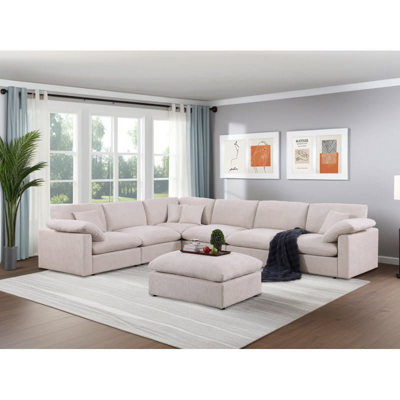 Modular Sectional Sofa, Oversized Cloud Couch With Deep Seats, Soft Fabric Cushions, Beige Fabric, 30" H x 142" W x 108" D 