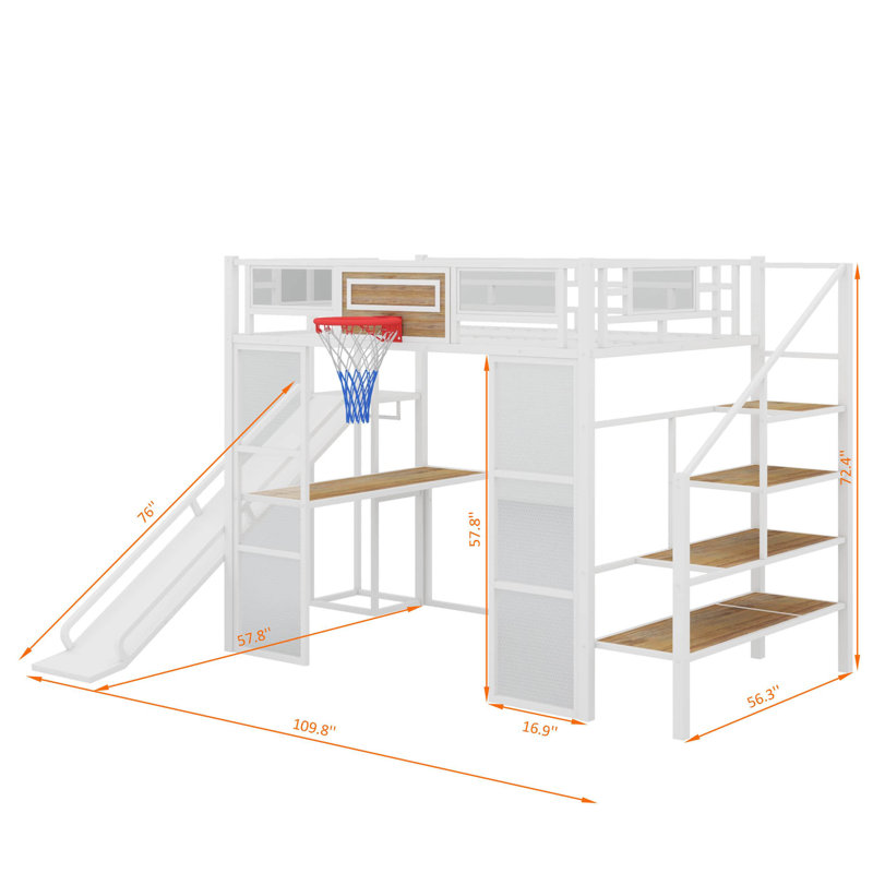 Lit mezzanine double en métal avec bureau intégré, garde-robe ouverte, panier de basketball, glissade et escalier, Blanc