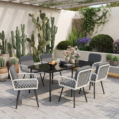 7 Pieces Outdoor Patio Dining Set, Black Metal Table with Tempered Glass Top & 6 PE Wicker Dining Chairs with Gray Cushions, All-Weather Patio Furniture Set for Garden Poolside Backyard