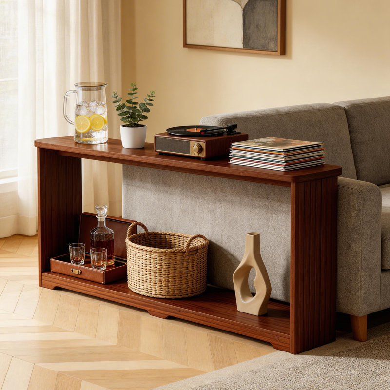 Elegant Fluted Column Entryway Table - 70" Slim Depth Walnut Wood Console For Home, Walnut