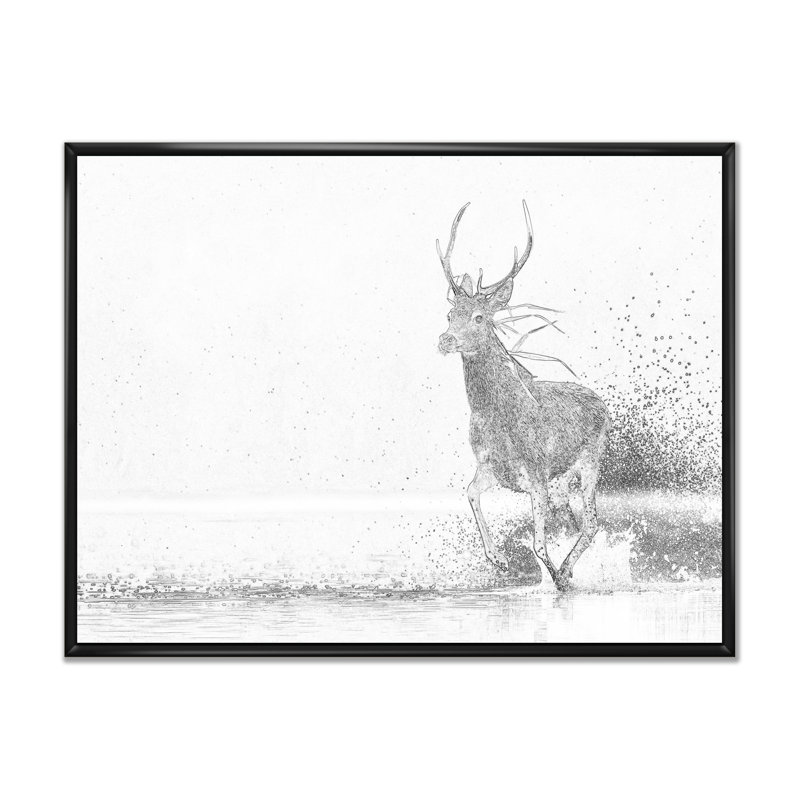 Cerf noir et blanc croquis - reproduction de cadre flottant sur toile, H 12 po x l 20 po x P 1 po, Cadre flottant noir