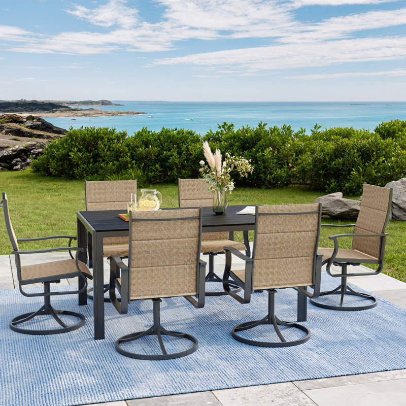 7-Piece Patio Dining Set with Rectangular Table – Outdoor Waterproof Padded Dining Chairs, All-Weather Wicker, Rust-Resistant Frame for Backyard, Deck, or Poolside